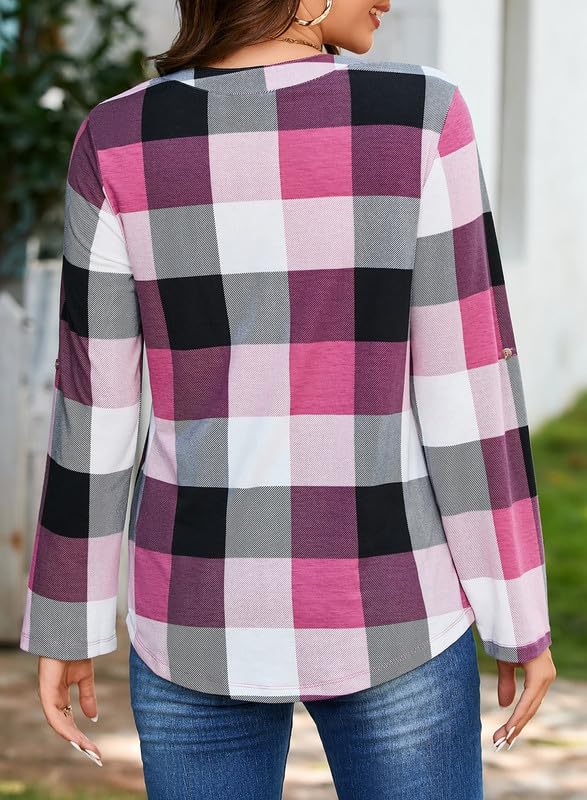 Image of Dokotoo Womens Tops Plaid Cotton Cuffed 3 /4 Sleeve Shirts Blouses