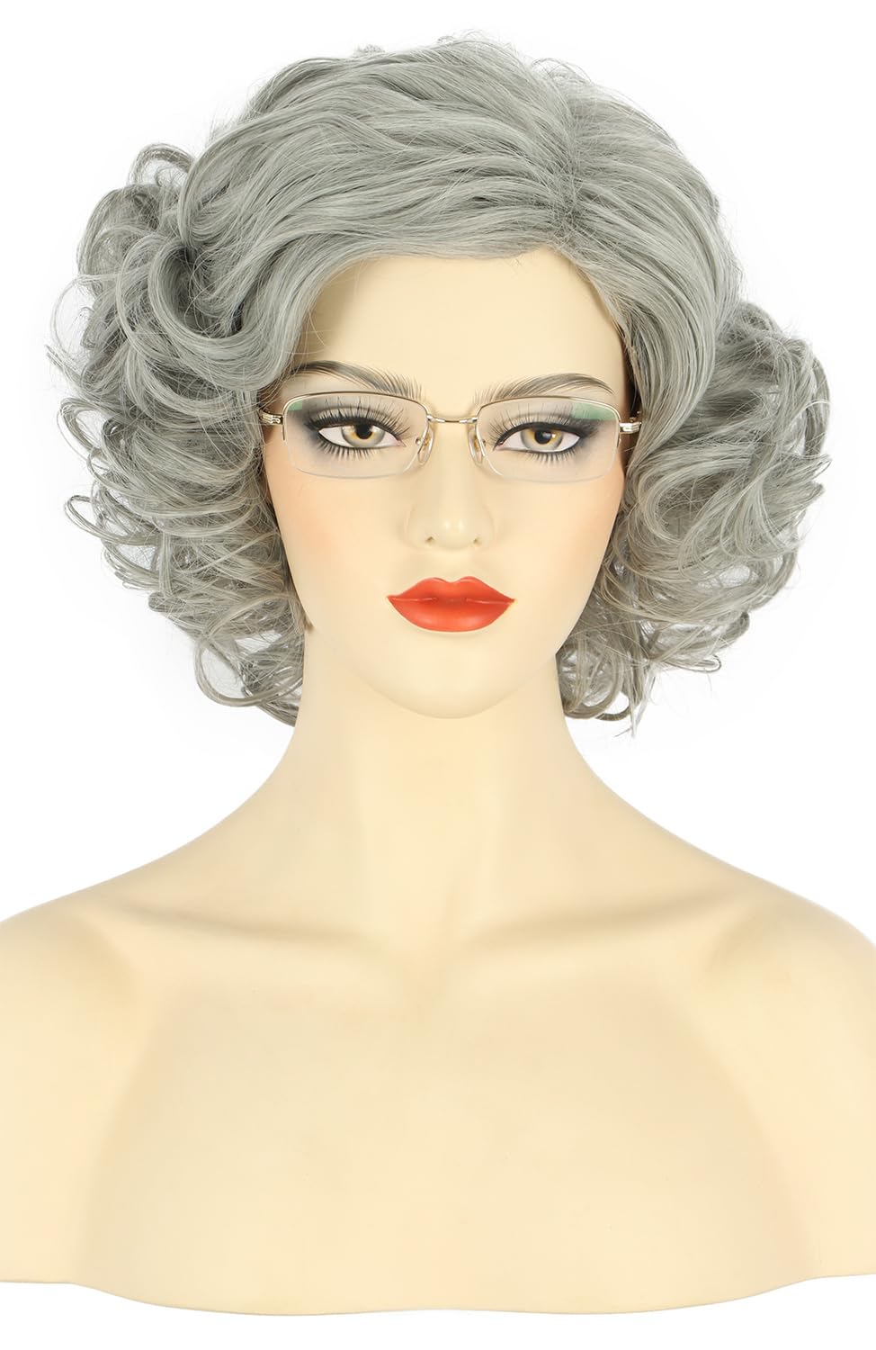 Karlery Old Lady Short Bob Curly Grey Wig Natural Looking Daily Halloween Cosplay Party Wig, Gray