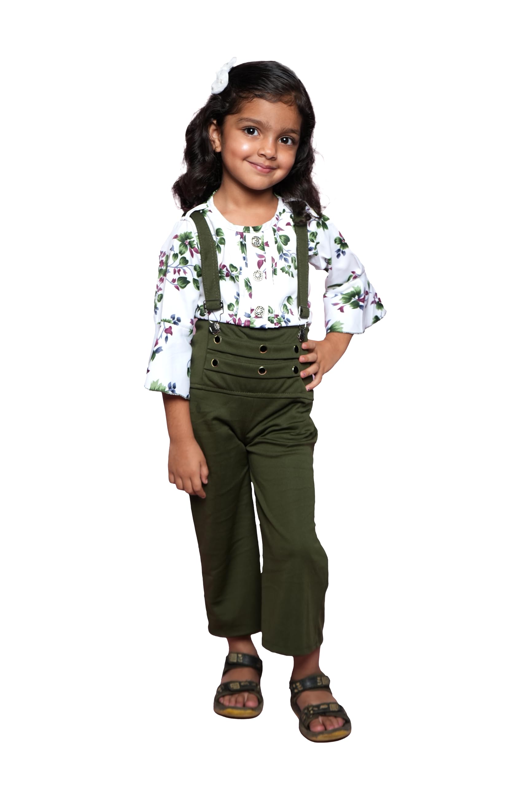 Girls Blended Cotton Top and Dungaree Set - White & Olive Green - 6-7 Years - ZA001712-image-43