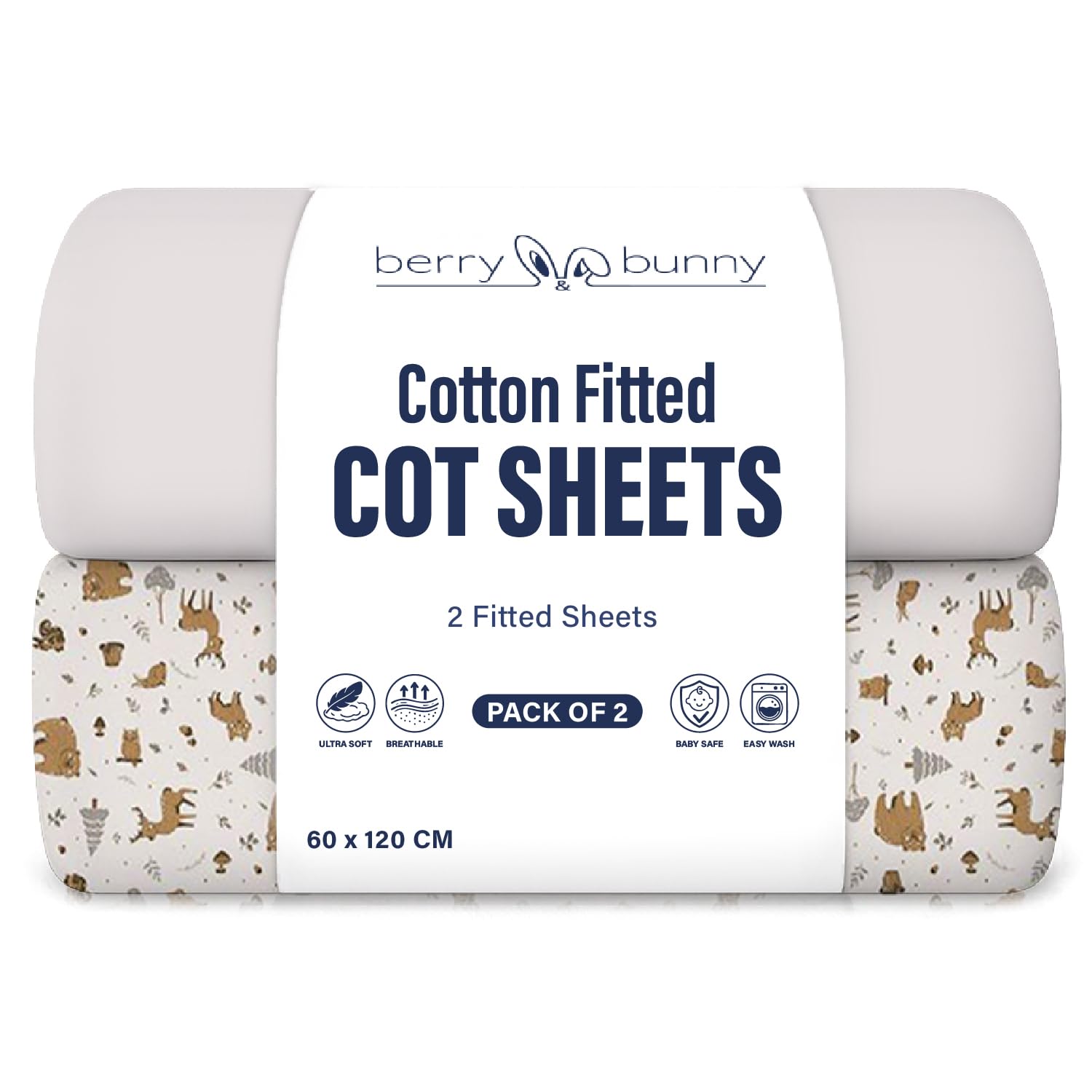 Berry & Bunny Men's Gray, Animal Berry And Bunny 100% Cotton Cot Bed Sheets Pack Of 2, Soft Breathable Baby Cot Sheets 120X60 Fitted, Elasticated Deep Fit Mattress Protector Cover, Baby Bedding All Seasons