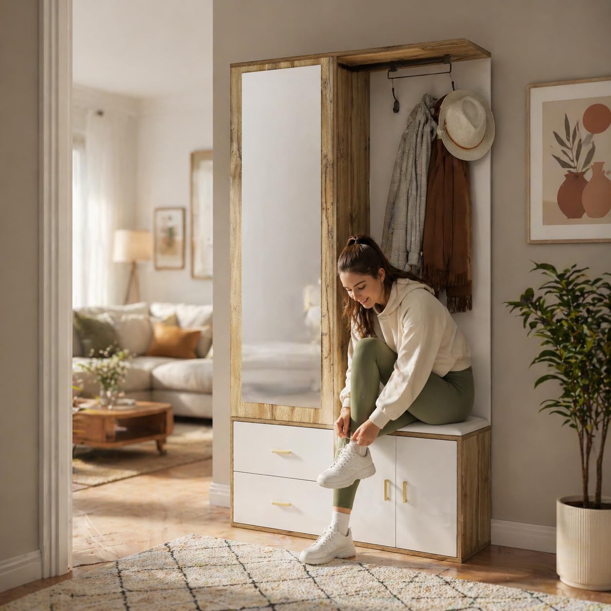Ensemble d'armoire de Couloir - Miroir, Banc à Chaussures et Tringle à vêtements Extensible - Ensemble Moderne et Peu encombrant - en Bois Blanc
