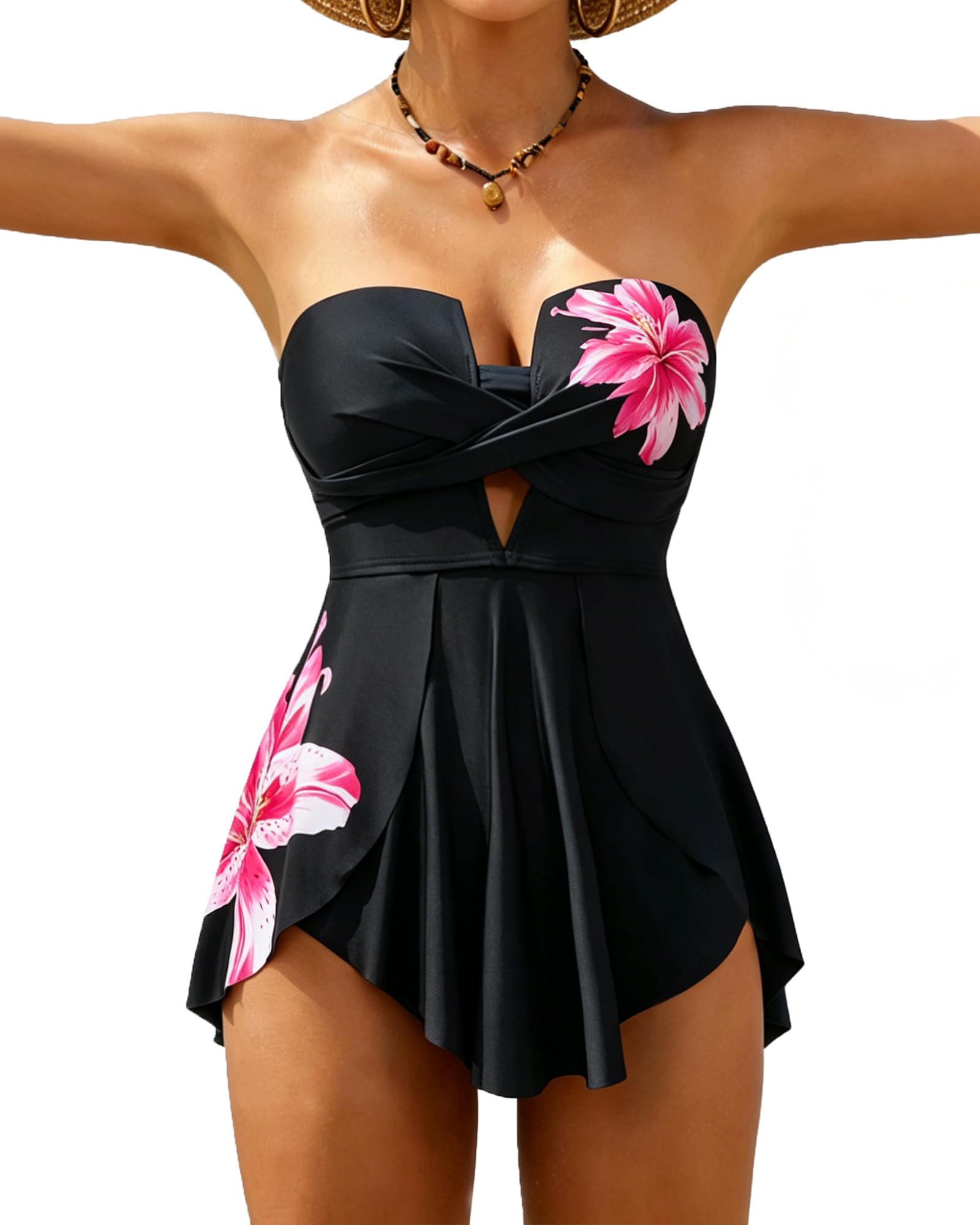 Photo 1 of XUNYU One Piece Swimsuits for Women Bandeau Strapless Bathing Suits Tummy Control Modest Swim Dress Cute Teens Swim Suit 2026