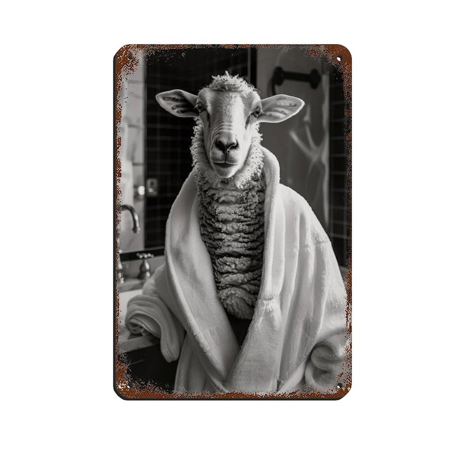 Sheep in A Bathrobe, Funny Bathroom Art Retro Poster Metal Tin Sign Chic Art Retro Iron Painting Bar People Cave Cafe Family Garage Poster Wall Decoration 8x12inch(20x30cm)