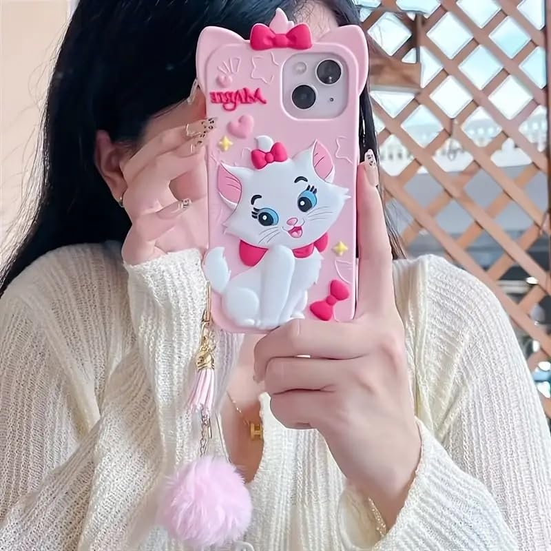Image of COVERLY for Apple iPhone 12 Pro 3D Marie Kitty Bow Cartoon Case,Premium Silicone Case with Charm Hair Ball Furr Pendant Adorable Cat Cool Full Protective Cute Kawaii Aesthetic Cover,Pink