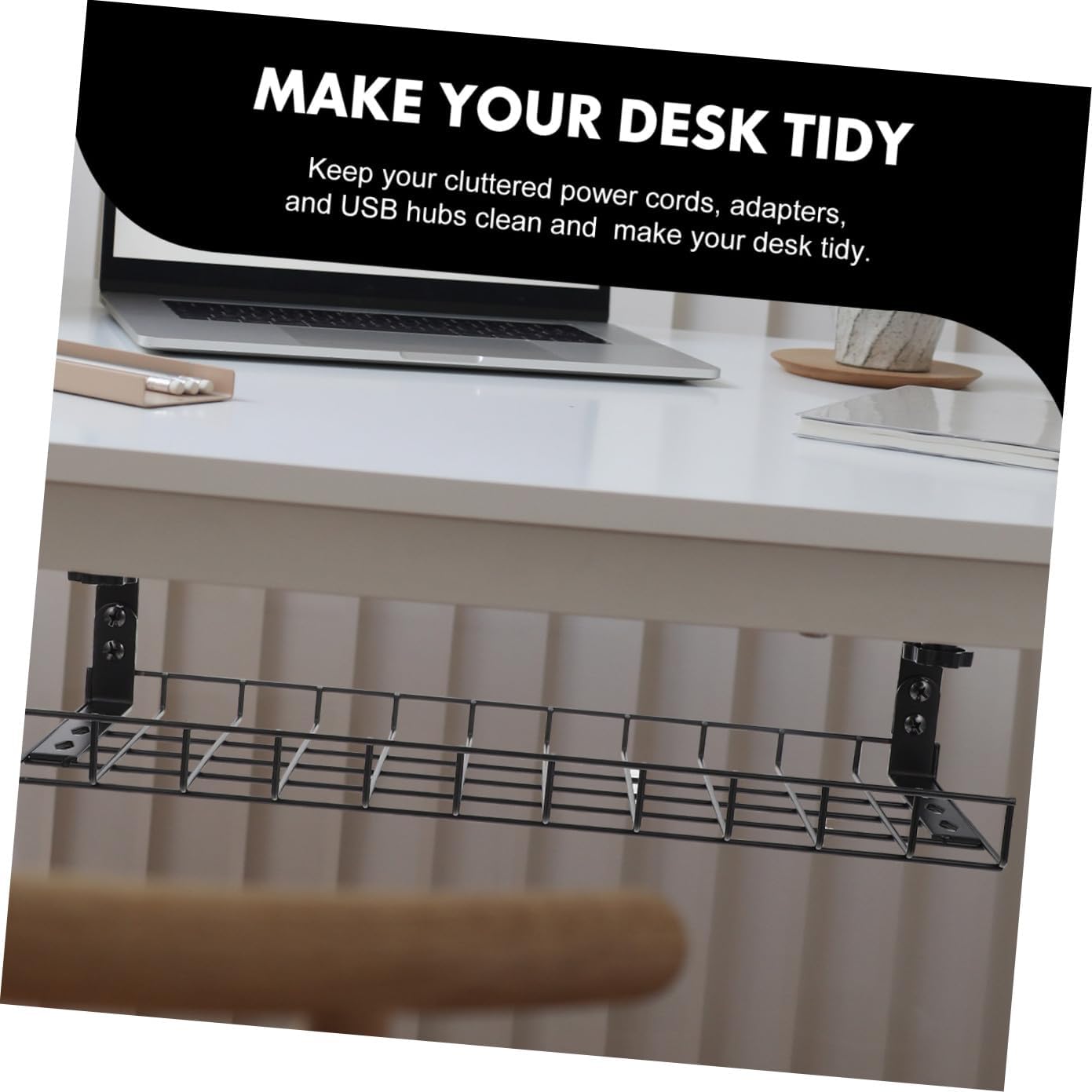 Desk Cable Management Tray Wire Rack No Drill Large Capacity Cable Holder for Office Desk Cord Organizer Black 500mm Storage Solution