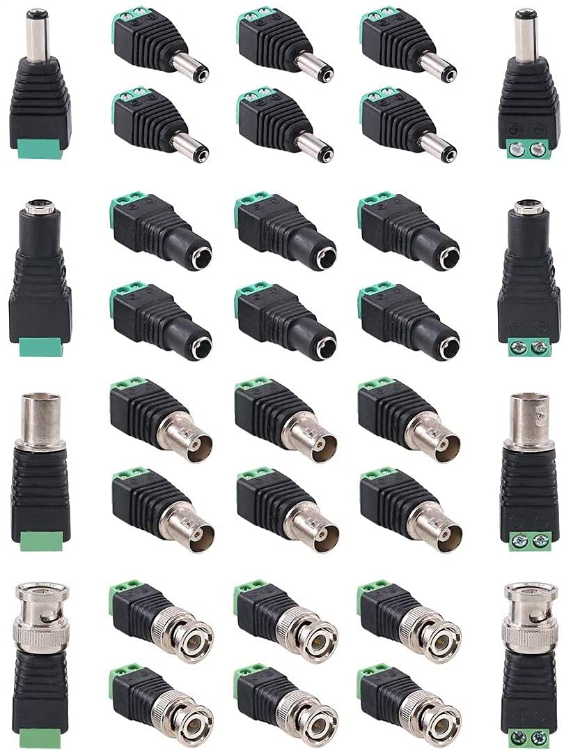 taapsee 32 pcs (8 pairs x male + 8 pairs x female) 5.5mm x 2.1mm female male dc power connector, bnc male balun connector for led strip cctv security camera cable wire ends plug barrel adapter