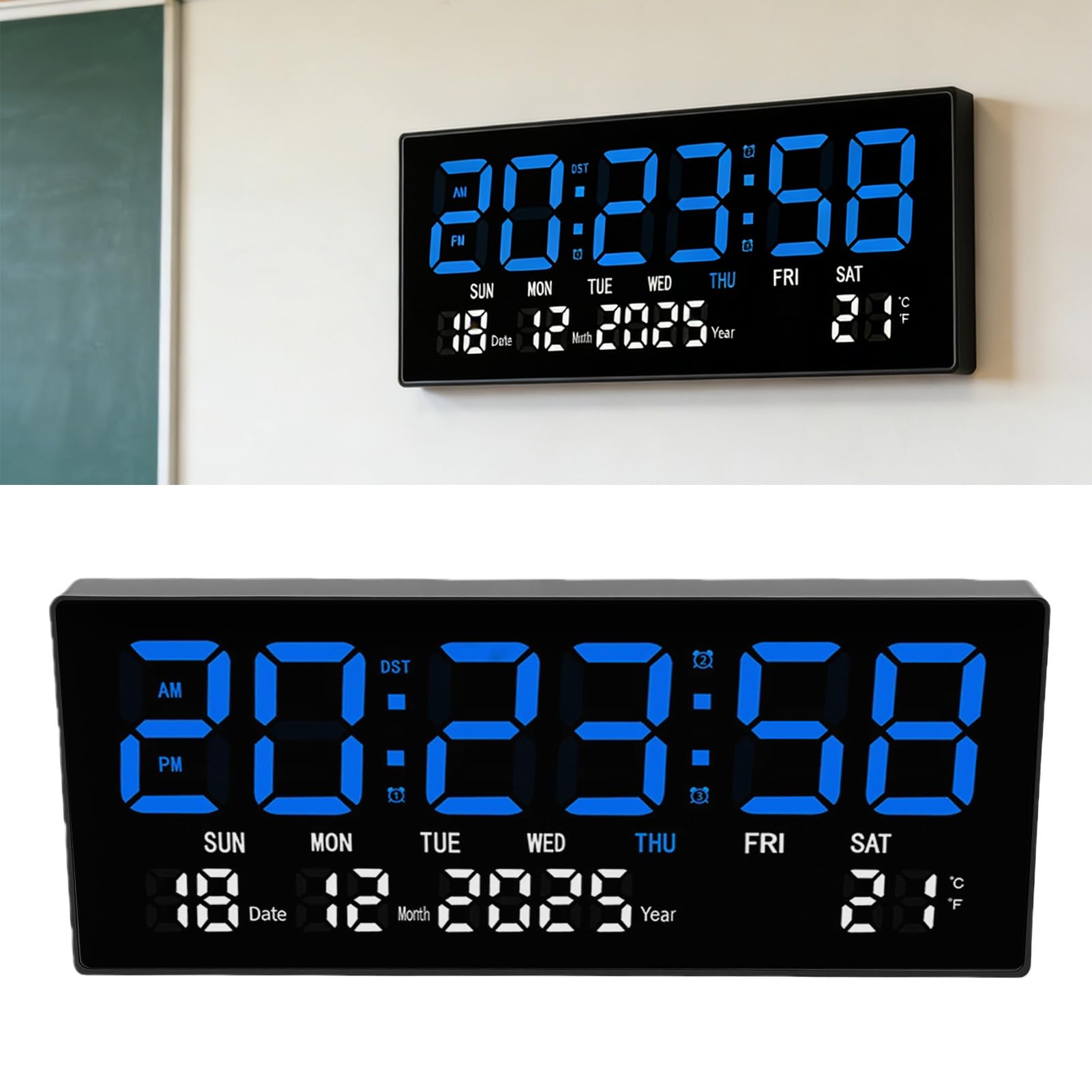 ciciglow Orologio Digitale LED, Grande Display, Telecomando | Funzionamento silenzioso, posizionamento versatile, calendario perpetuo, uso in ufficio