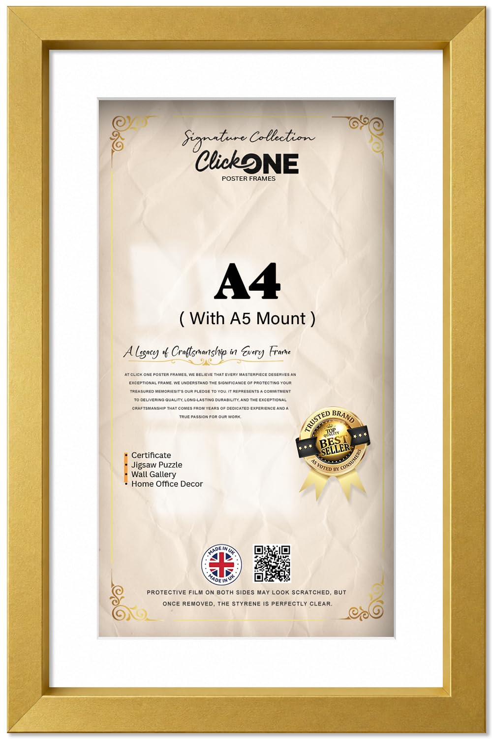 Click One — Stylish A4 (21.00 X 29.70 Cm) With A5 (14.80 X 21.00 Cm) White Mount, Perspex Front | Photo And Painting Display, Vertical Or Horizontal Layout, 11 X 8 Inch Gold Frame For Living Room