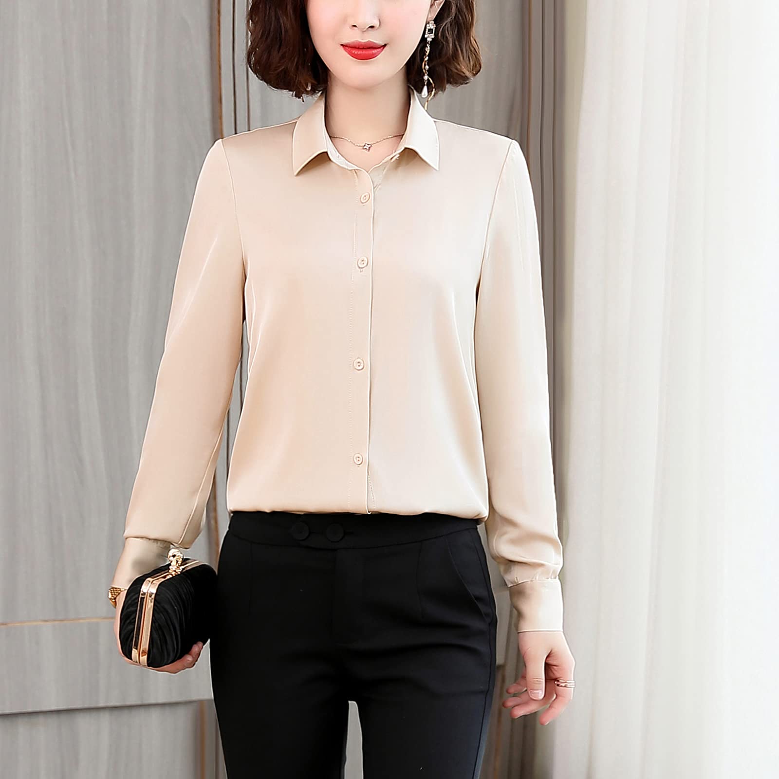 Valin Blusa de seda para mujer, camisa de seda sólida, camisa de mujer, blusa de manga larga con solapa, blusa de seda, S1903