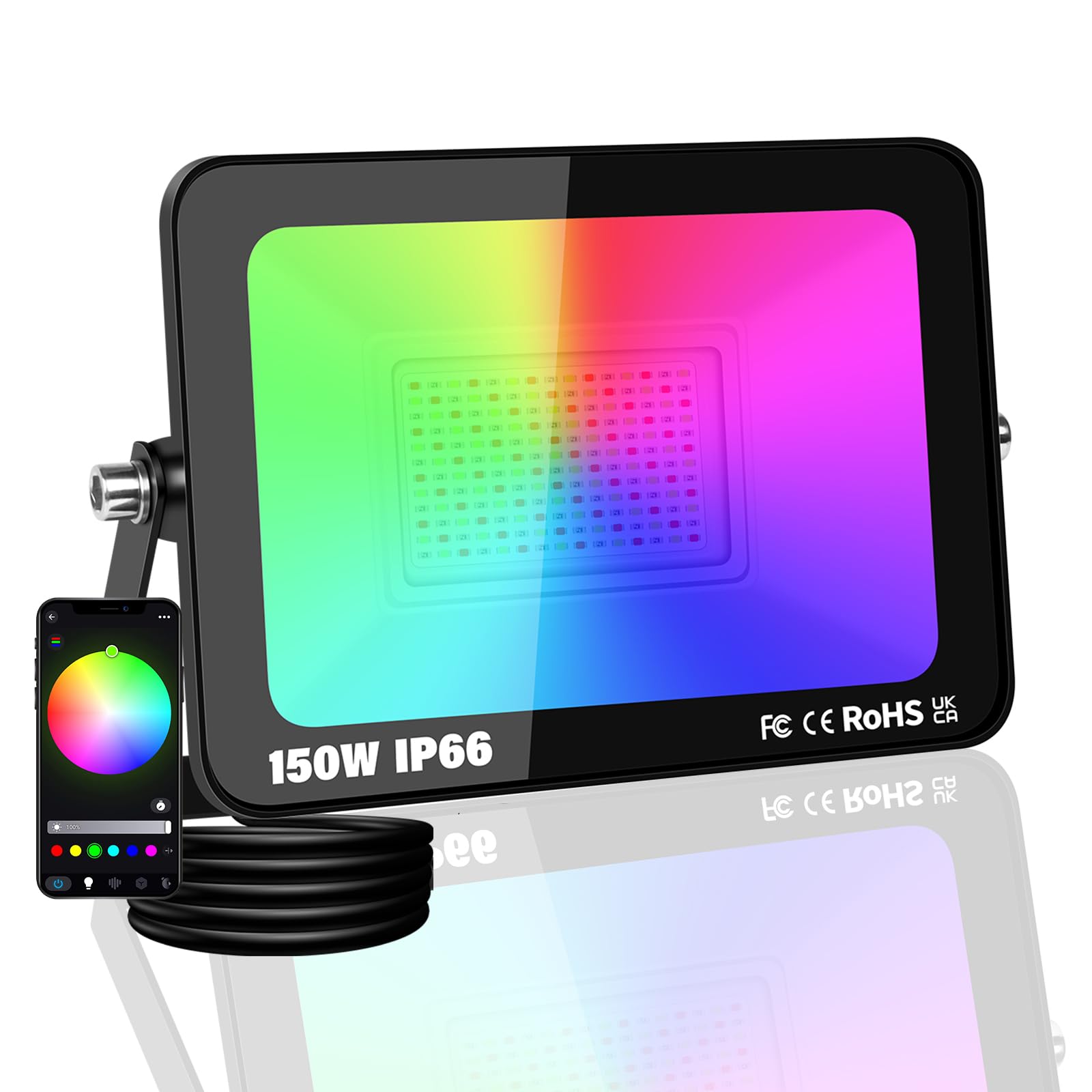 PICAA Projecteur LED Extérieur Intelligent RGB 150W, 15000LM, 16M Couleurs, Contrôle App/Synchro Musique, Modes Scène, IP66, Éclairage Jardin/Disco, avec prise UE (1 pièce)