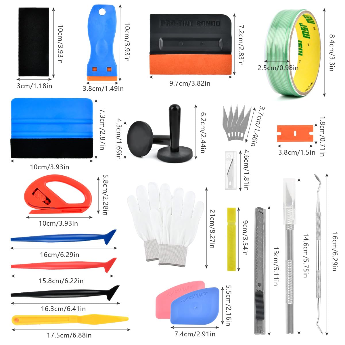 53 Pezzi per Wrapping Auto Set di Strumenti per Pellicola Auto Kit Applicazione Pellicola Nastro Senza Lama 5M, Raschietto, Raclette in Feltro, Nastro in Teflon, Strumenti per Applicazione Pellicola
