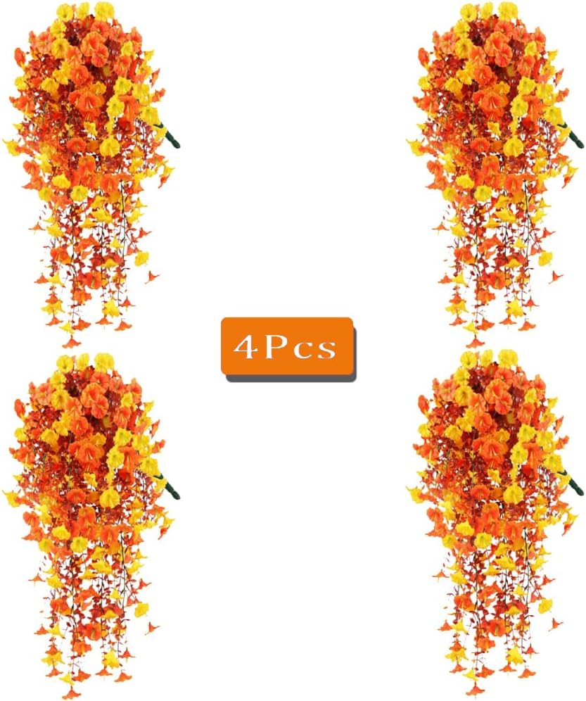 Jasion 4 Bundles Artificial Hanging Flowers Outdoor Realistic Morning Glory Silk Fake Plants UV Resistant for Porch Balcony Fence Decor (Fall Color) - Image 2