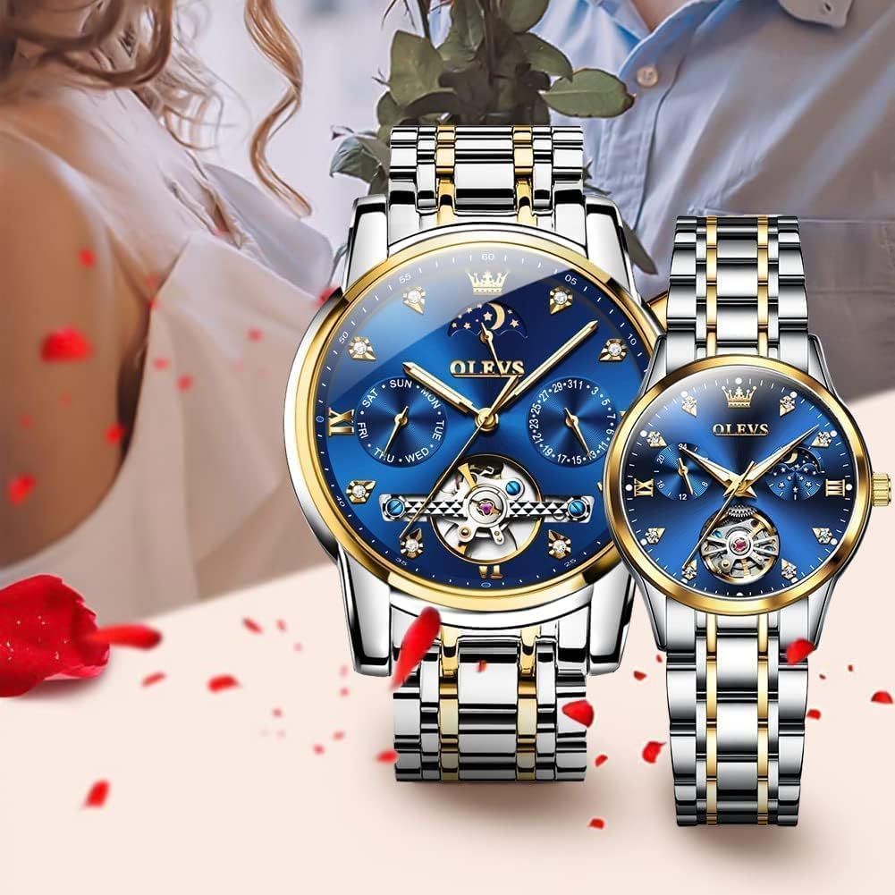OLEVS Valentines Couple Pair Automatic Watches His and Her Couple Set Diamond Wrist Watch Men and Women Lovers Wedding Romantic Gifts Set of 2