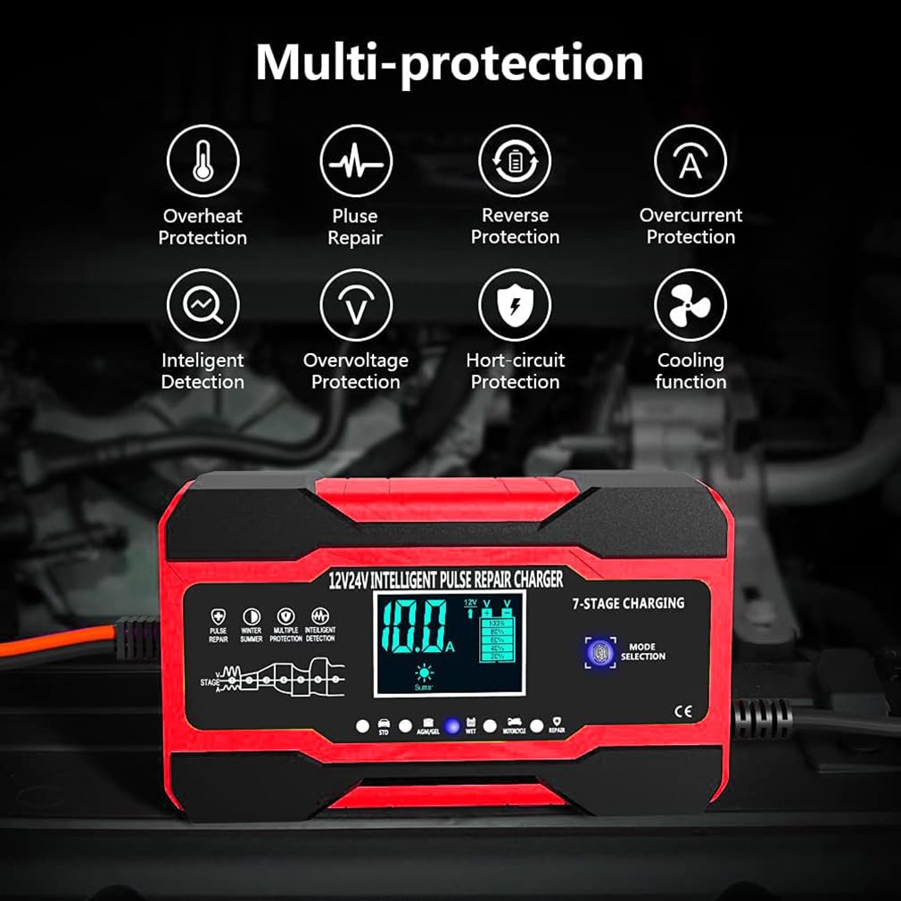 10A Autobatterie Ladegerät, 12V/24V Smart vollautomatische Batterie Ladegerät mit 7-Stufiger Ladung und LCD-Bildschirm Batterie Ladegerät, geeignet für AGM, Wet und Gel-Blei-Säure-Batterien