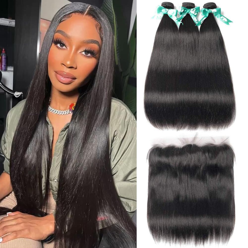 ALLRUN Straight Human Hair Bundles with Frontal 13x4 Ear to Ear Brazilian Straight Virgin Hair 3 Bundles with Lace Frontal Human Hair Extensions(14 16 18+14Lace Frontal)