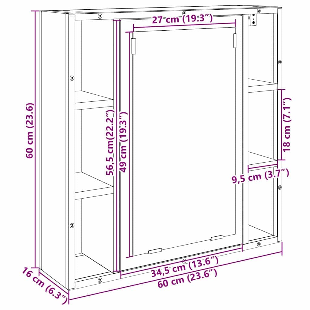 Armario con espejo de roble Sonoma, 60 x 16 x 60 cm, material de madera con espejo plano y 5 estantes, montaje en pared, espacio de almacenamiento para baño, lavadero, aseo de invitados