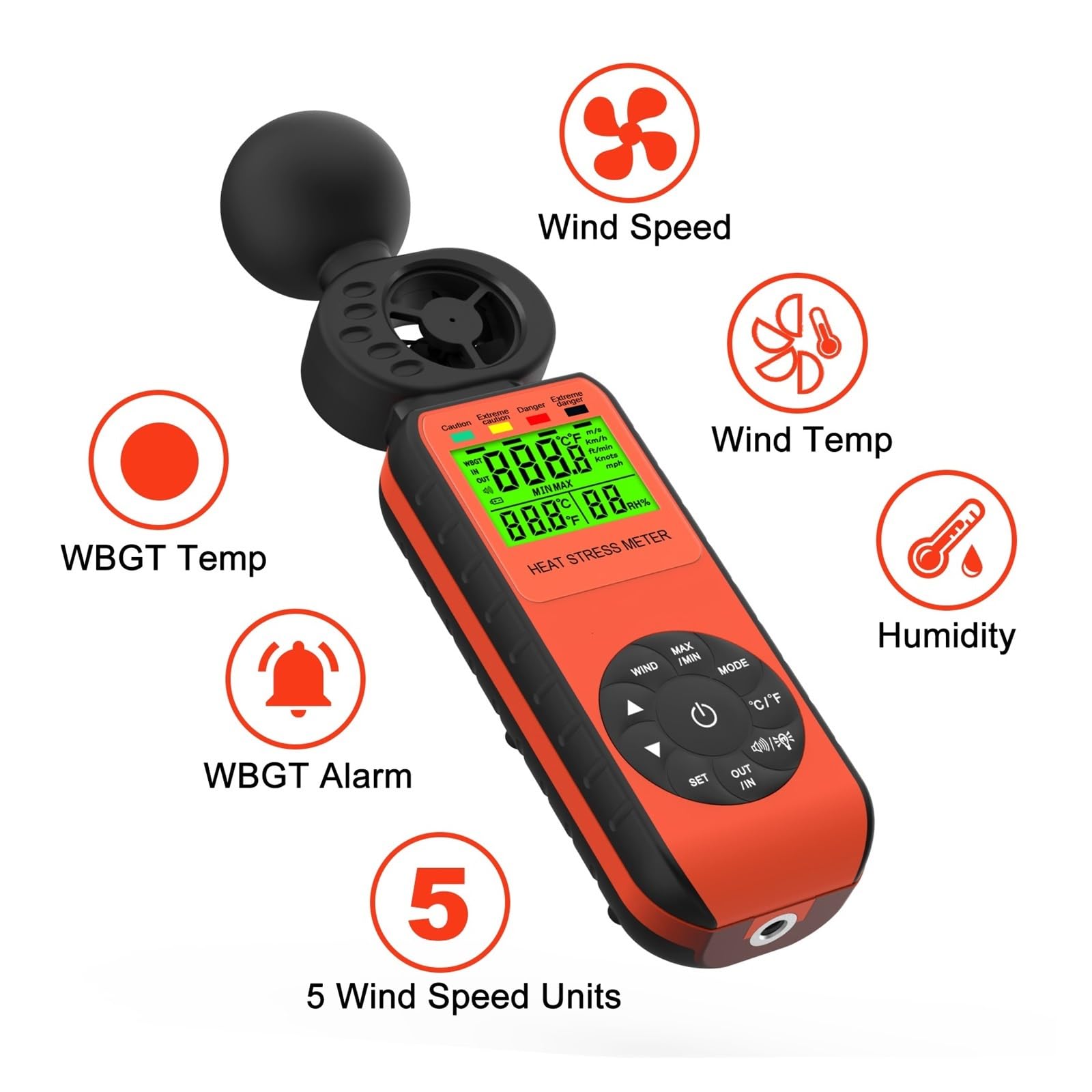 Wiatromierz, Monitor stresu cieplnego, termometr kulisty 3 w 1 z mokrą żarówką, anemometr mierzy wiatr, wilgotność i temperaturę