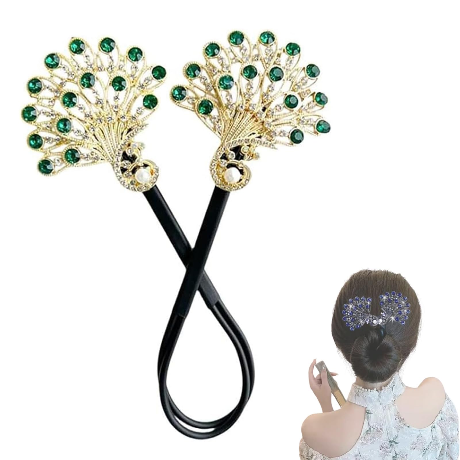 Peacock Shape Hair Bun Maker Twist, Shining Rhinestone Deft Bun Maker, Elegant Hairstyle Twist Lazy Hair Curler Bun Maker, Easy Fast Snap Roll Hair Tool, Hair Accessories for Women Girls (Green)