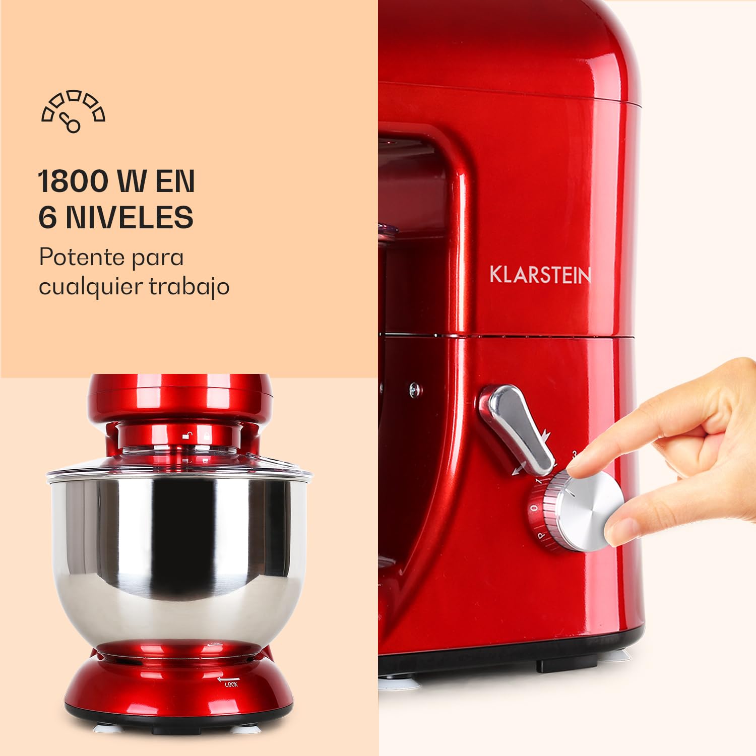 Klarstein Batidora Amasadora con Bol 5L para Hornear, Robot Cocina, Amasadora Reposteria 1800W, Gancho y Bol para Mezclar, Electrodomesticos Cocina Varillas Rotación Planetaria con 6 Velocidades