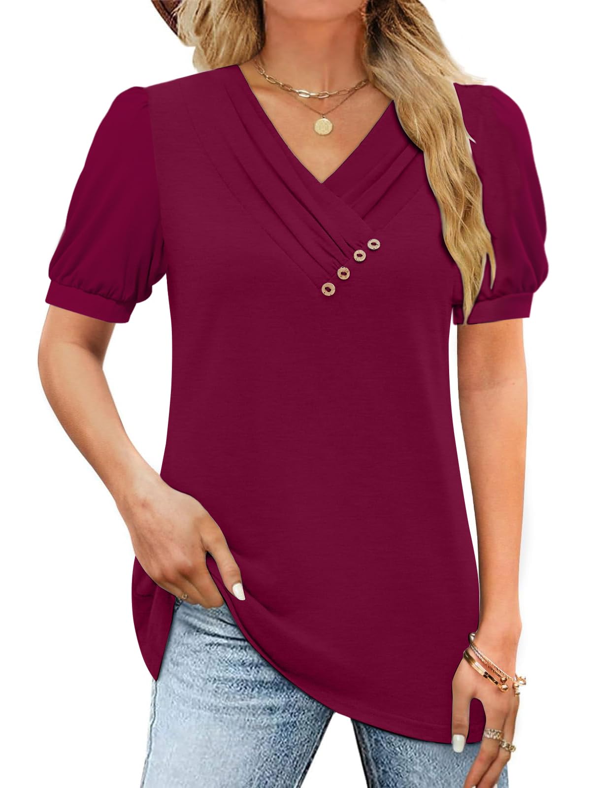 ZANZEA Women Summer Tunic Top Puff Sleeve Short Dressy Casual Blouse Business Office Work Wear T Shirt