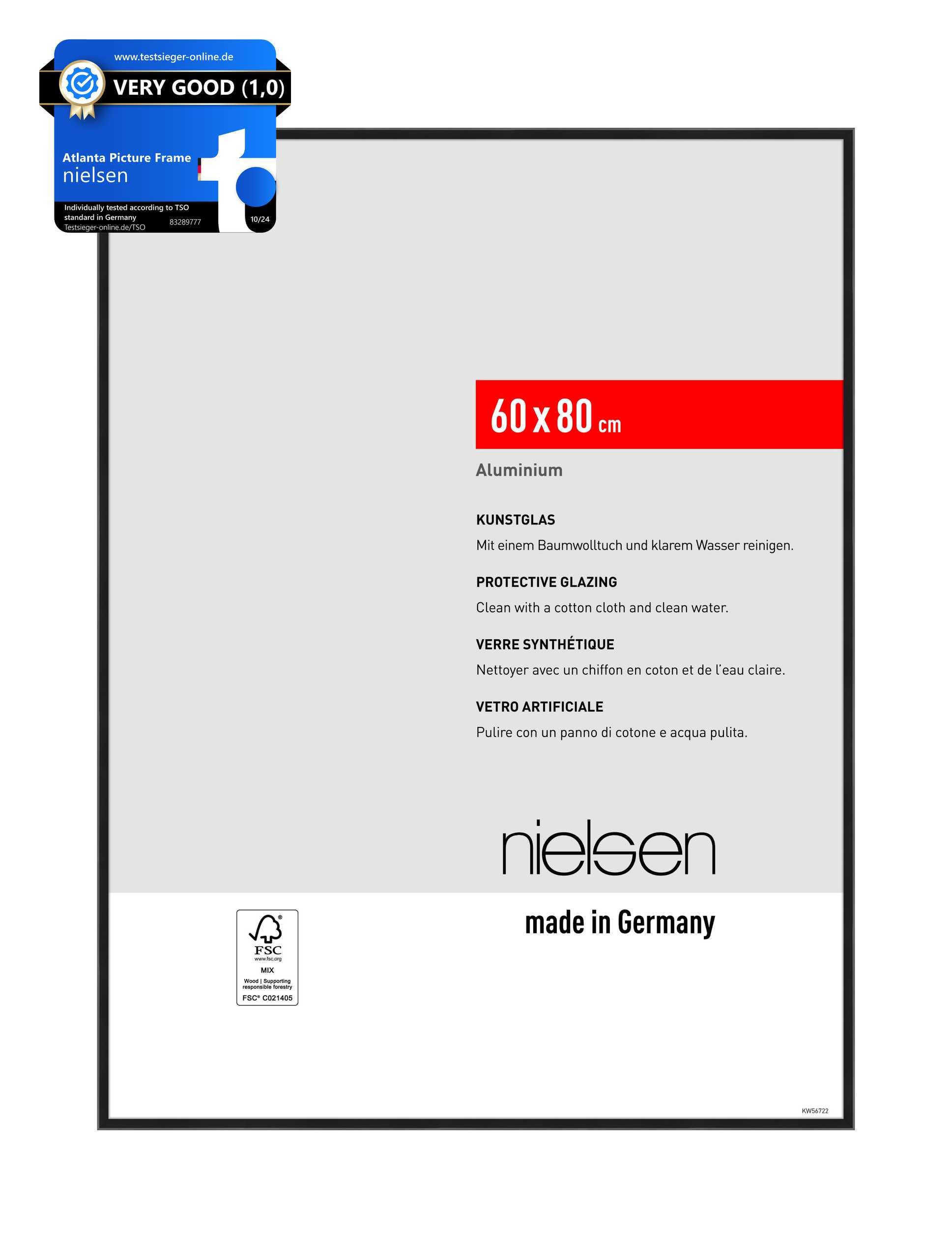 nielsen Atlanta Aluminium Picture Frame - Frosted Black 60x80cm - with Synthetic Glass and Push-Turn Clips