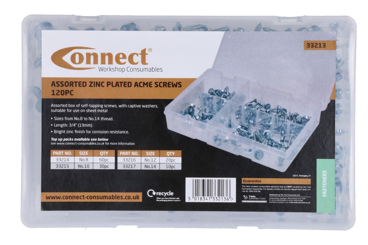 CONNECT 33213 Assorted Zinc Plated Acme Screws 120pc Auto Fastener Kit Workshop
