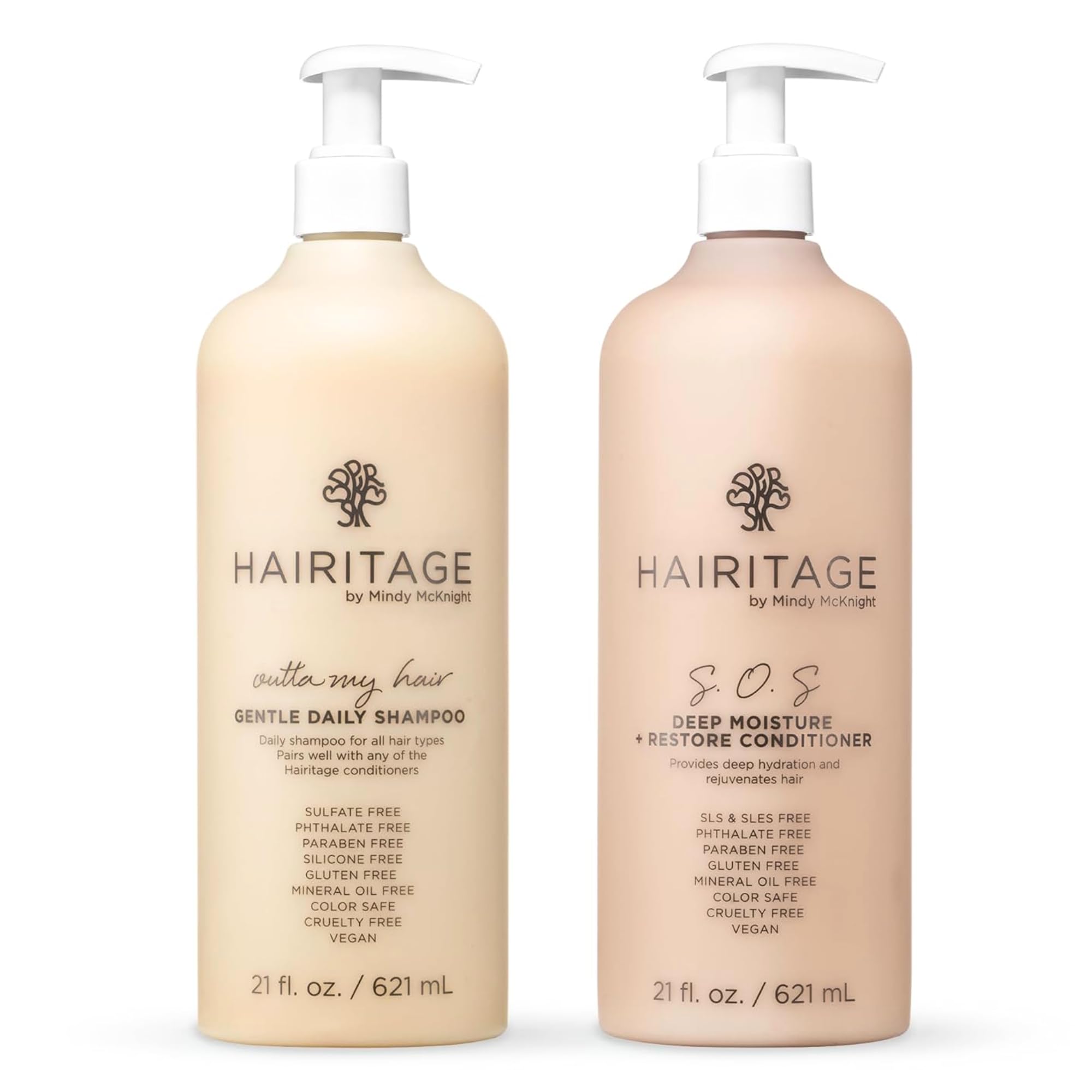 Hairitage Gentle Daily Moisture Shampoo and Conditioner Set - Split End + Bond Strengthening for Dry, Damaged Hair with Jojoba Oil - Anti-Frizz and Color Safe - Cherry + Amber Scent (21oz. 2-pack)