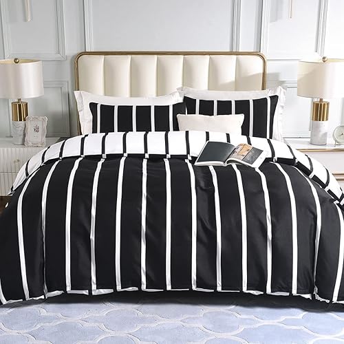 Lekesky Juego de funda de edredón tamaño Queen, 3 piezas, 100% microfibra a rayas, súper suave, estampado negro y blanco, reversible, diseño con