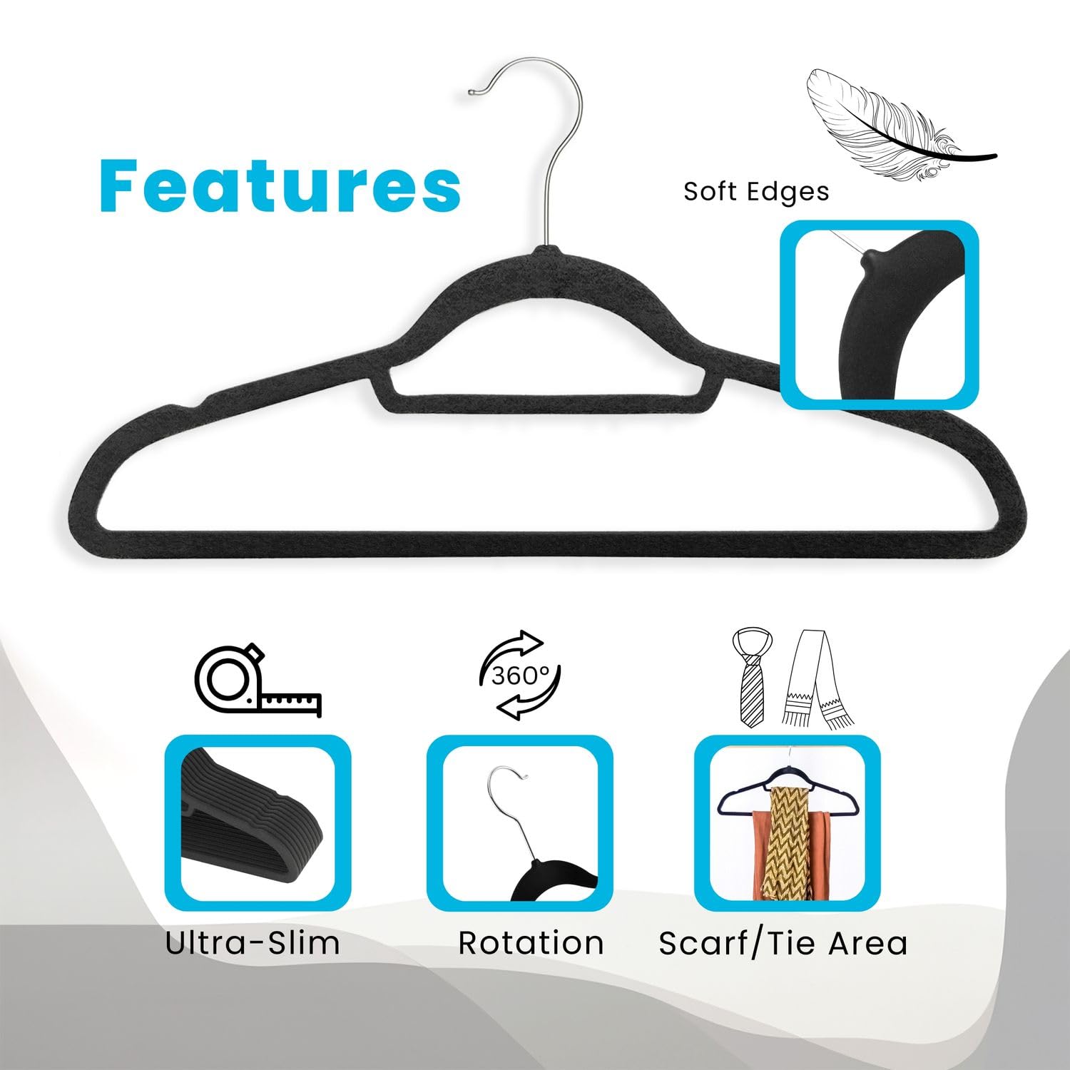 Intirilife Perchero NEGRO-50 Piezas- 43,5 x 23,5 x 0,6 cm -Perchero ahorrador de Espacio et para Trajes con Superficie Antideslizante, Barra para Pantalones, Muesca, Gancho Giratorio, Antideslizante