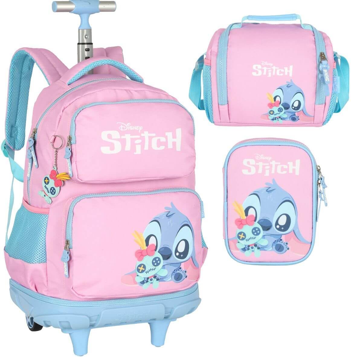 Mochila Infantil Rodinhas Stitch com Lancheira e Estojo 100 Pens Rosa