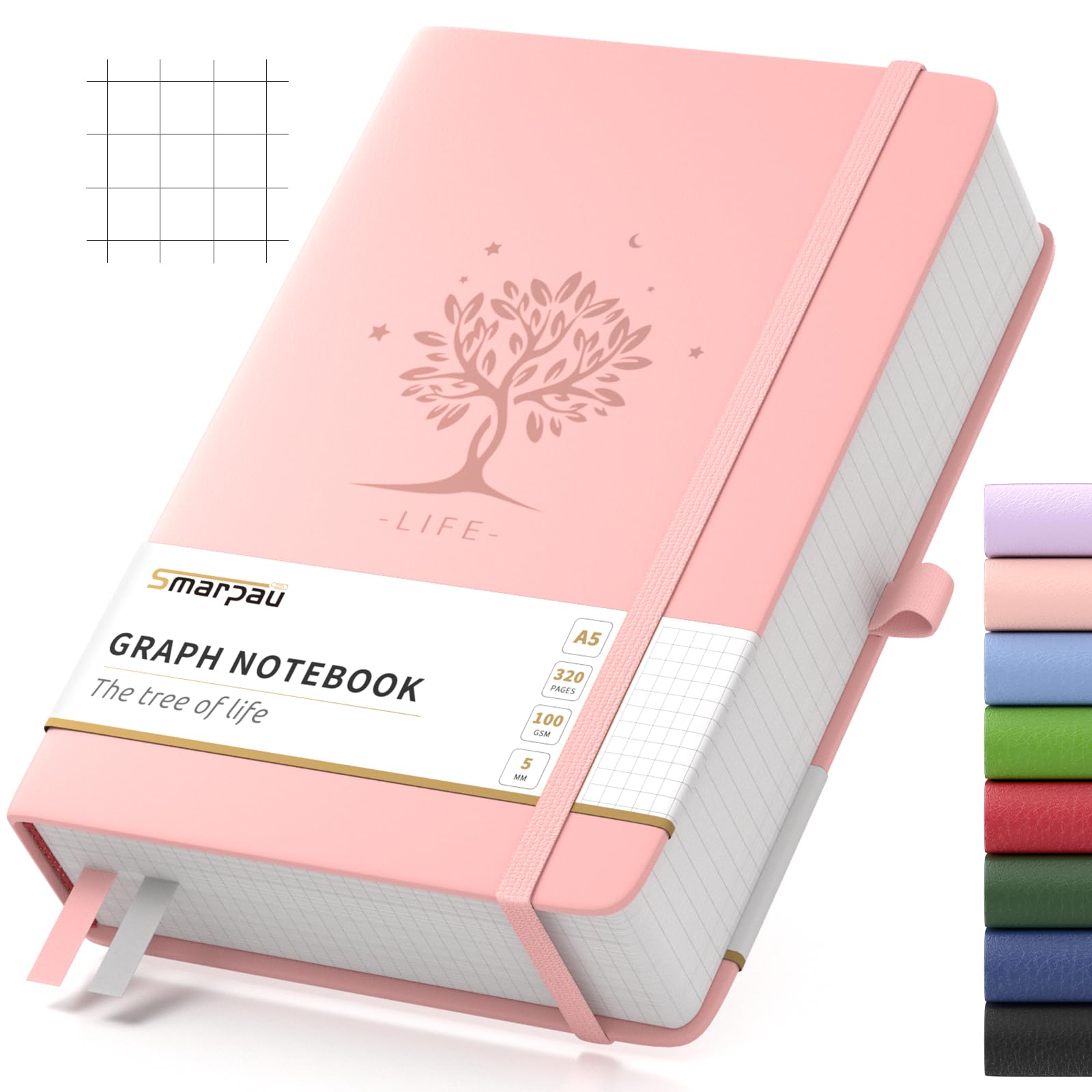 Smarpau Notizbuch A5, Hardcover Kariert Journal, 320 Seiten 100gsm Papier | Leder Journal mit Index Tabs, Der Collegeblock Notizblock Eignet Sich Zum Schreiben und Notieren, 14.5 x 21 cm-Rosa