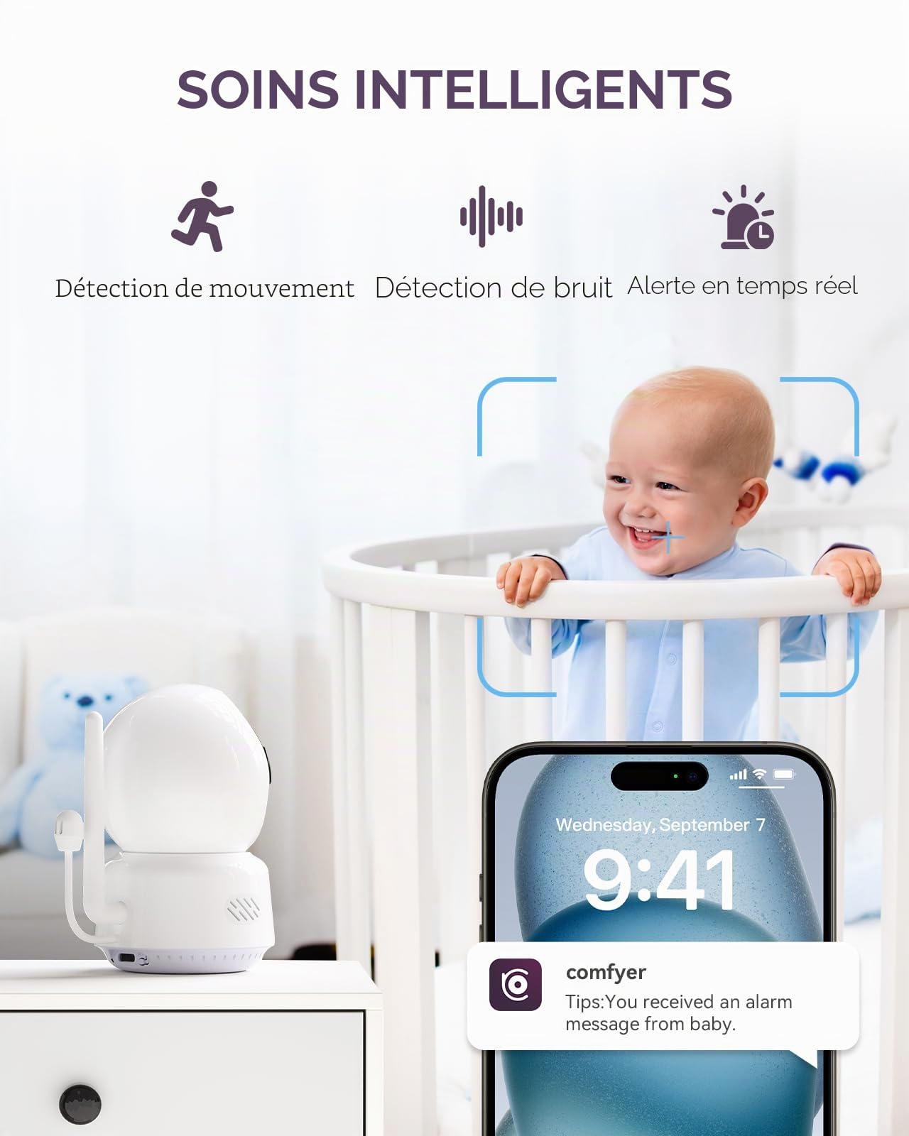 Comfyer Babyphone avec caméra 2K, Fonction Vox, capteur de température, Vision Nocturne, vidéo, 2,4 GHz, Veille Intelligente, interphone, berceuses, Longue durée de Vie de la Batterie