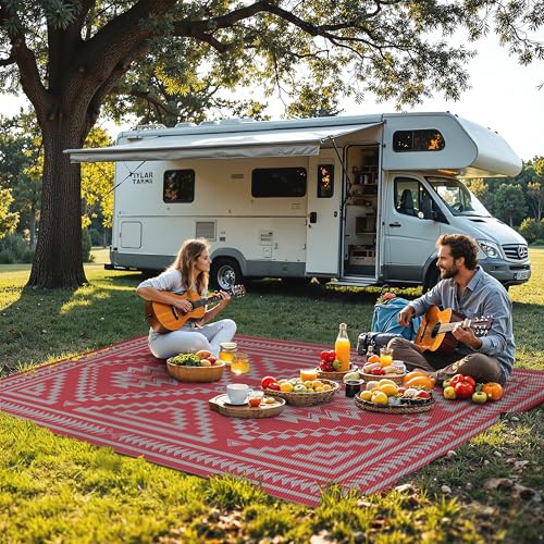 Image of GENIMO Outdoor Rug, Waterproof Plastic Rugs for Patio, 6'x9' Mist Red