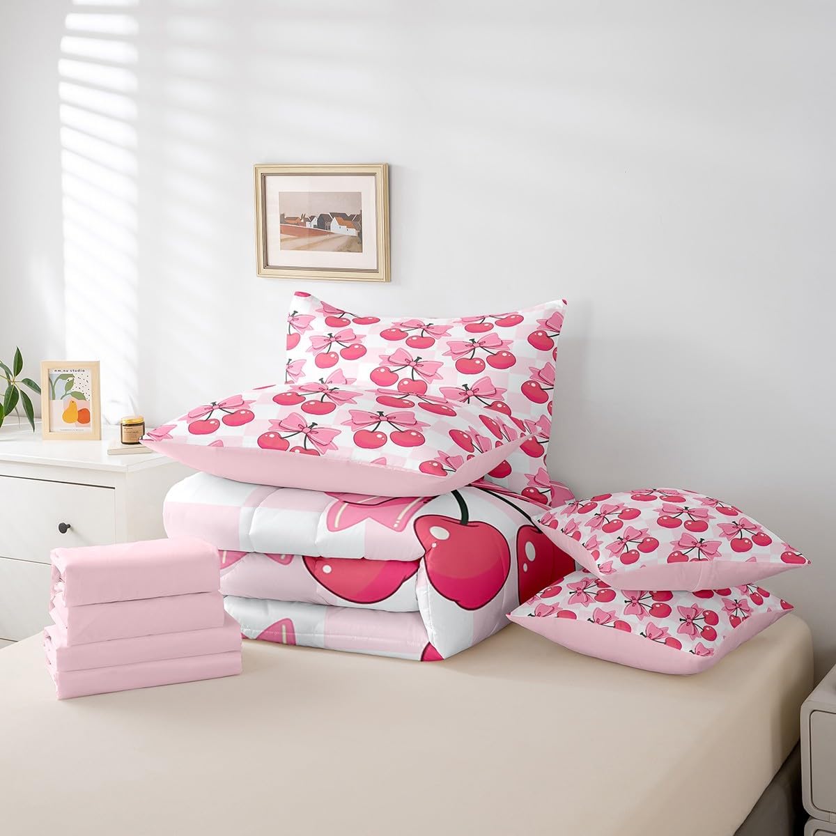 Feelyou Pink Bow Cherry Bed Set Includes Comforter, Sheet Set, Pillowcases & Pillow Covers Set Twin Size Cute Fruit 7 Pieces Bedding Set, Girls Decor Bowknot Bed in a Bag, Microfiber Girls Bow Bedroom
