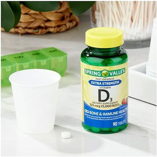 Miniatura 4 de Spring Valley Extra Strength Vitamina D3 Fast Dissolve Tablets Suplemento dietético, 125 mcg (5,000 UI), sabor a fresa, 90 unidades