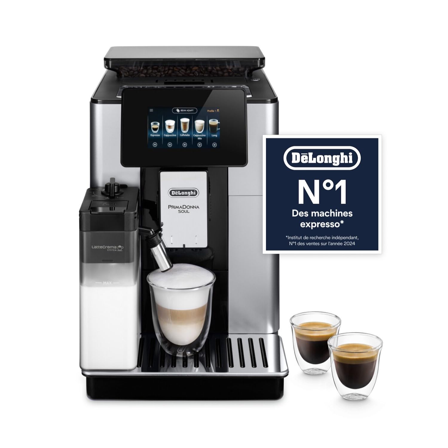 De’Longhi PrimaDonna Soul - Perfetto Machine à Café Automatique avec LatteCrema Mousseur à Lait Automatique, 18 Boissons en une Seule Touche, Écran Full-Touch, Argent et Noir (ECAM612.55.SB) Unique