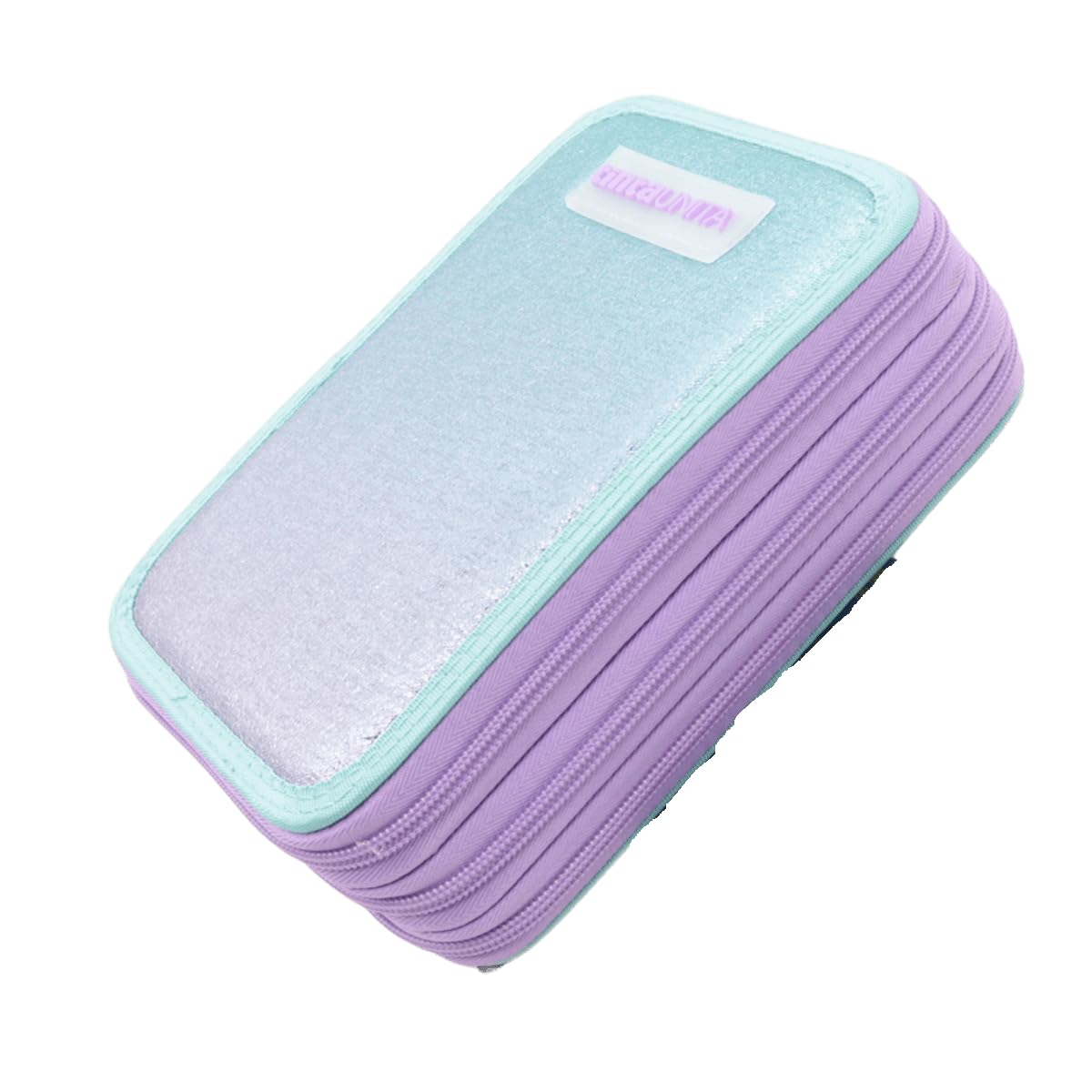 Tinta Unita Astuccio Scuola Azzurro Viola Glitter Completo con Colori 3 Zip