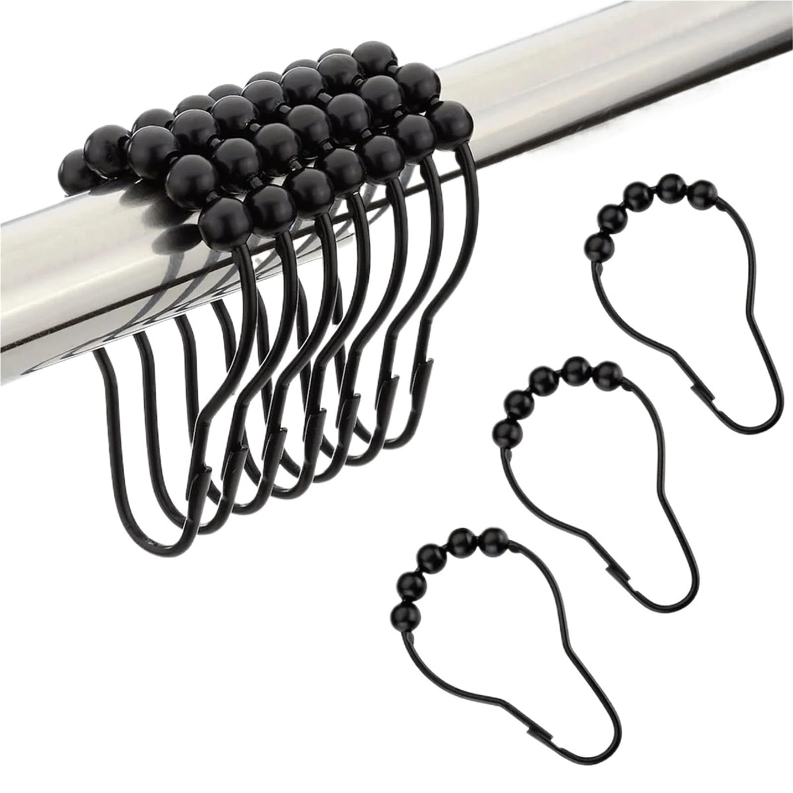 Shower Curtain Rings 12Pcs Curtain Poles Shower Rod Hook Hanger Iron Material Ring Bath Drape Loop Clasp Drapery(Black)