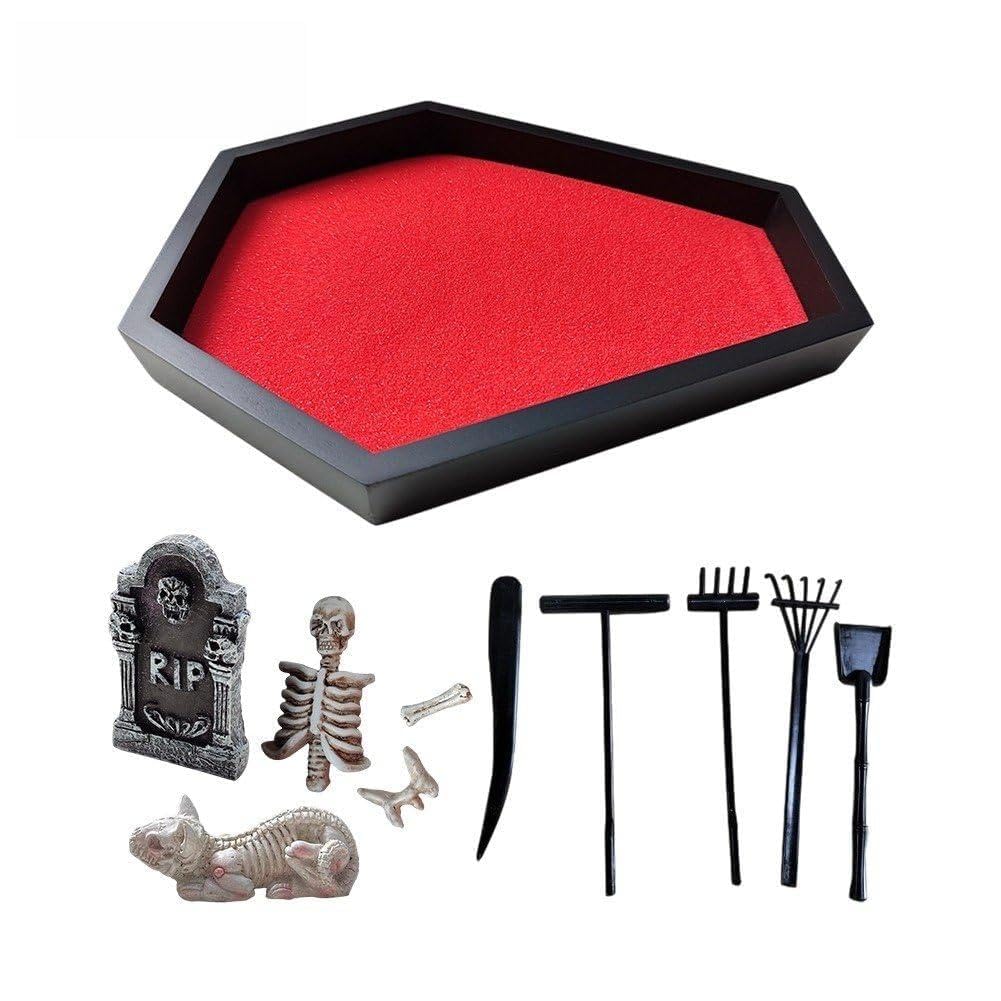 Jardin zen avec sable rouge et outils : décoration gothique de bureau