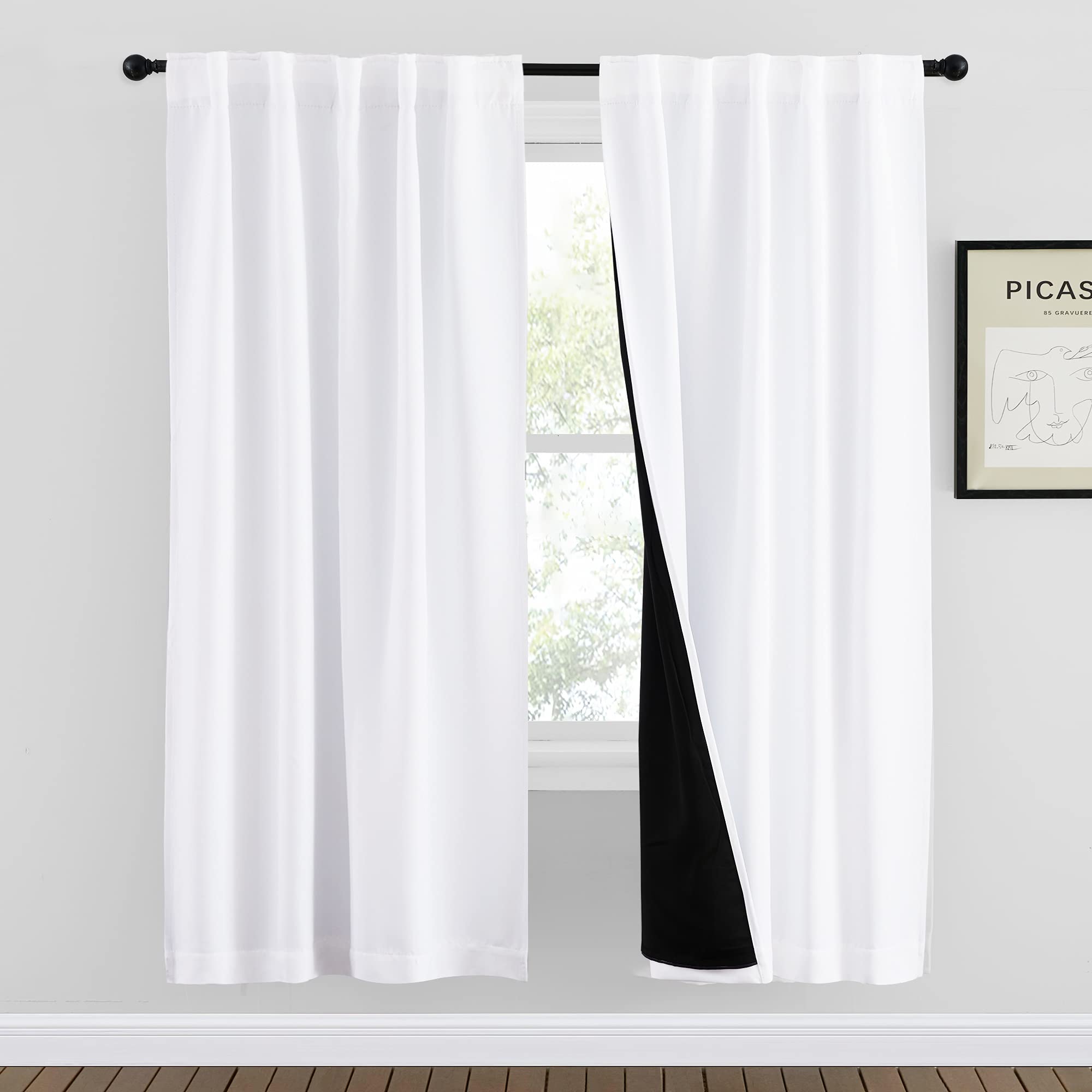 NICETOWN 100% Blackout Window Curtains, Heat and Full Light Blocking Drapes with Black Liner for Nursery, 72 Inches Drop Thermal Insulated Draperies for Studio (Pure White, 2 Pieces, 42 inches Wide)