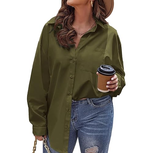 IN'VOLAND Womens Plus Size Button Down Shirts Long Sleeve Cotton Casual Collared Shirt Loose Work Blouses Tops with Pocket