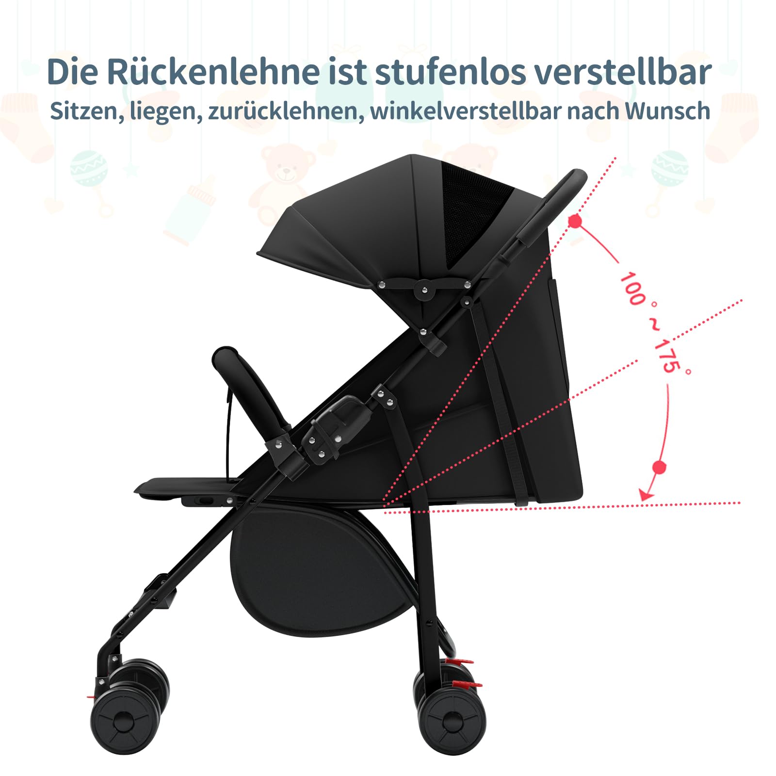 OHMG Kinderwagen Premium Kinderbuggy klappbar Liegebuggy Sportwagen Faltbar 360°Räder 5-Punkt Gurt Inkl. Getränkehalter, verstellbare Rückenlehne & Sonnenverdeck,Moskitonetz,Buggy (C-Noir)