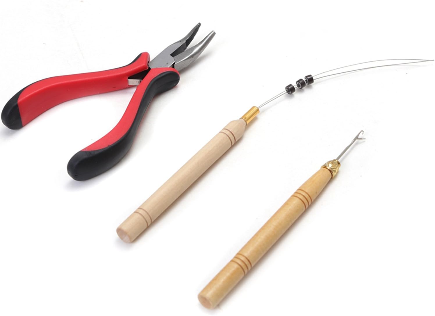 3pcs Kits Hair Extensions Plier Micro Ring Pliers Tools Wooden Micro Beads Pliers Pulling Hook Needles and Loop Threader for Hair Extensions (Bent Nose Plier Set)