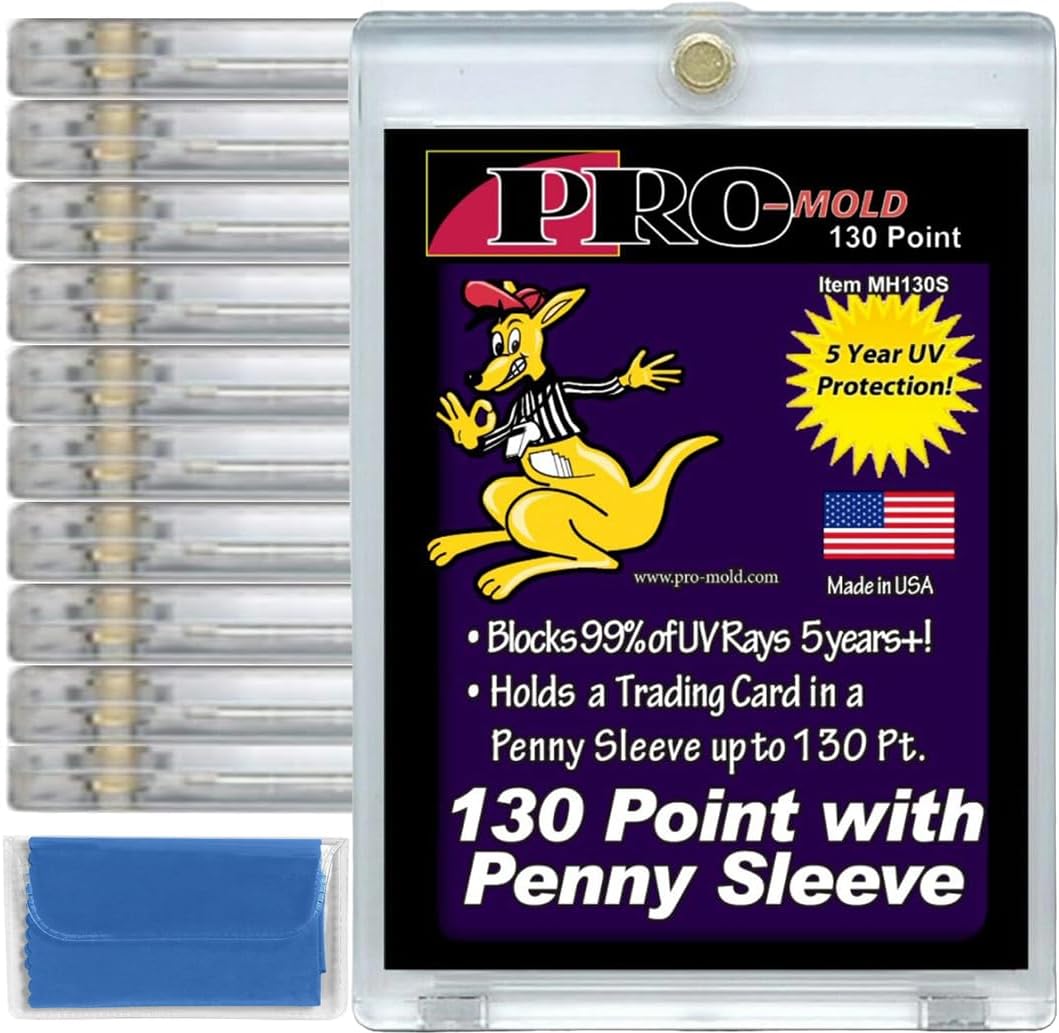 10-Count Pro-Mold 130pt. Magnetic One-Touch Card Holders Holds Sleeved Card USA Made UV Protection MH130S with Cleaning Cloth