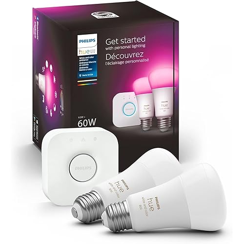 Philips Hue Smart Light Starter Kit - Includes (1) Bridge and (2) 60W A19 LED Bulb, White and Color Ambiance Color-Changing Light, 800LM, E26 - Control with App or Voice Assistant