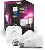 Philips Hue Smart Light Bulbs Starter Kit, Includes (1) Bridge, (2) 60W A19 Bulbs, White and Color Ambiance LED Color Changing Lights, 800LM, E26, Control with App or Voice Assistant