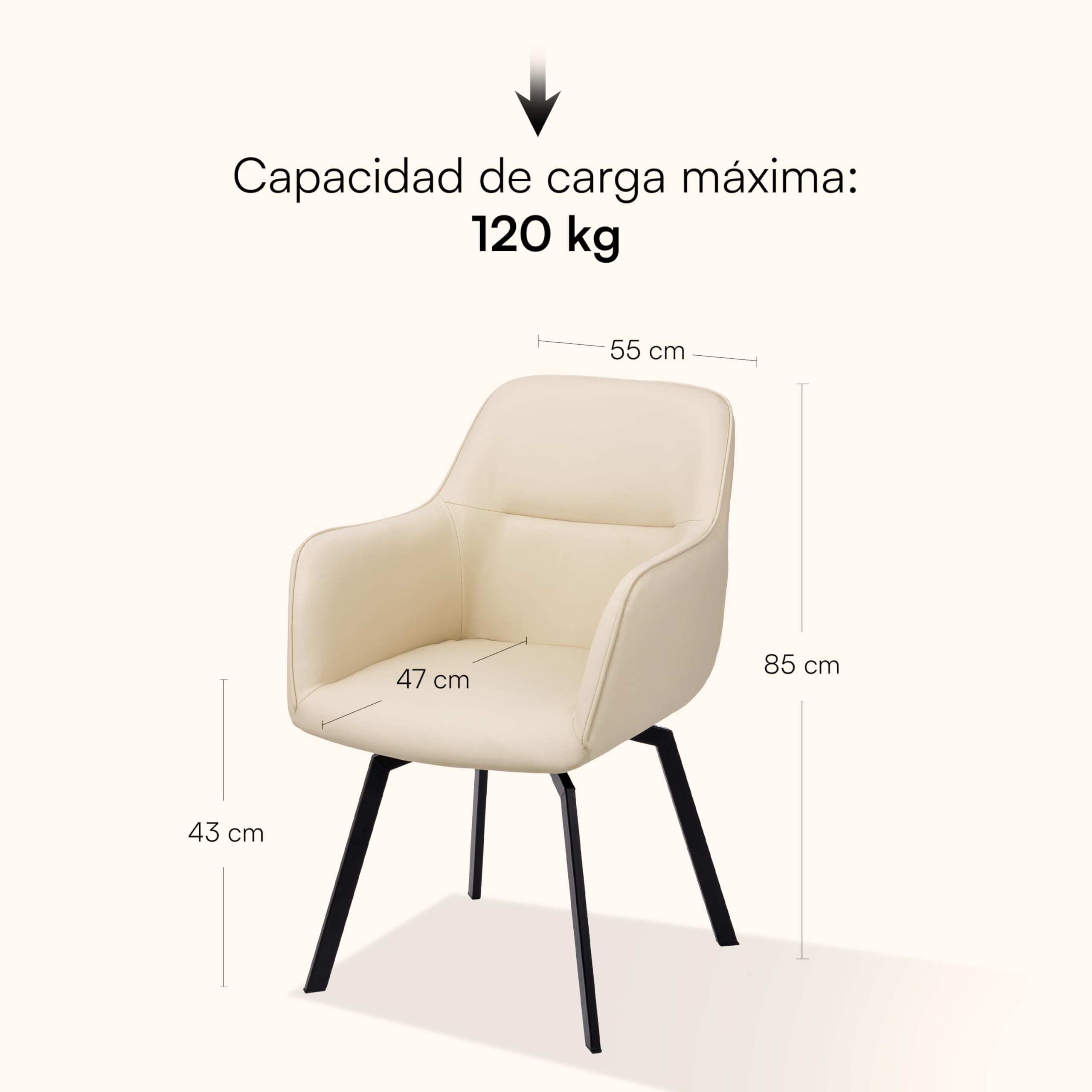 Baroni Home Sillón Giratorio Moderno con Reposabrazos y Tapicería de Cuero de Imitación y Patas de Acero Negro, Sala de Estar, Dormitorio, Rincón de Lectura, Beige, 55x85x47 cm