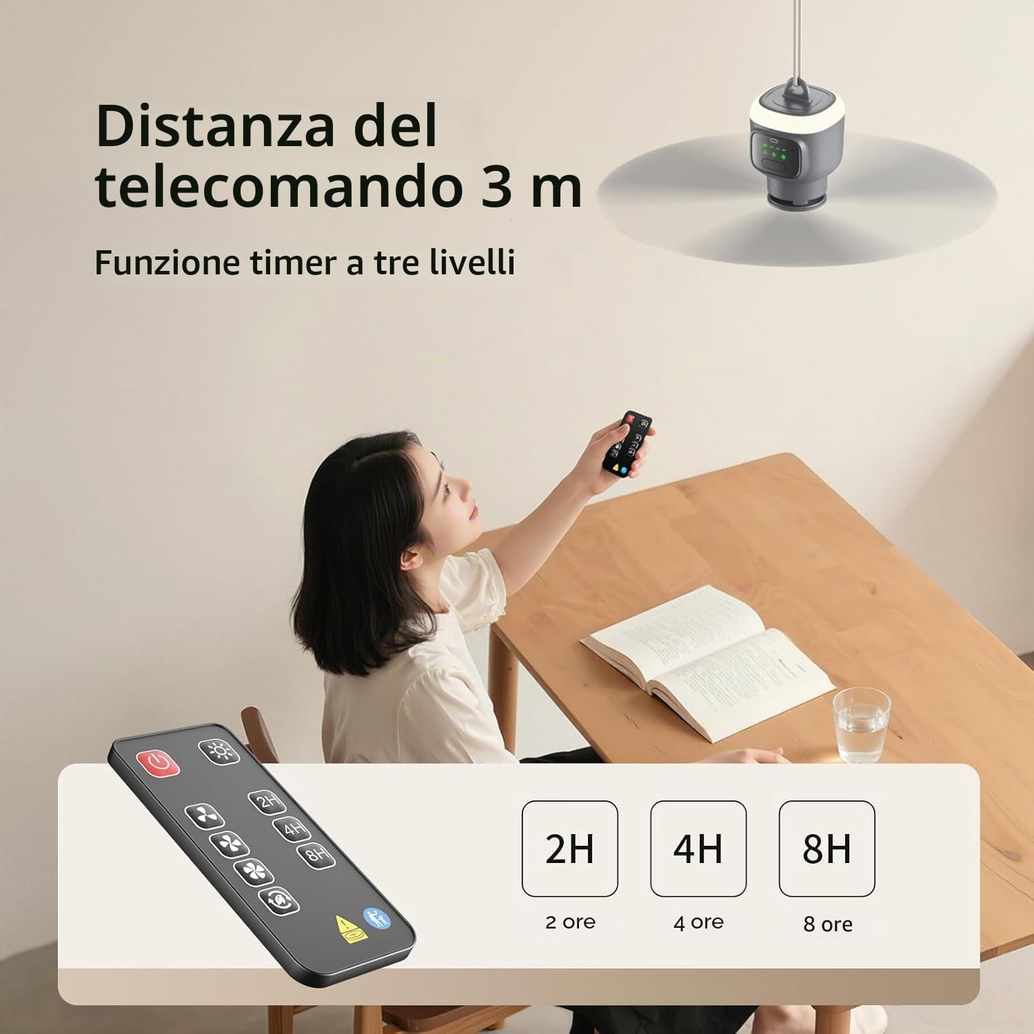 Ventilatore da soffitto a energia solare con illuminazione, ventilatore a LED con lampada da soffitto, dimmerabile, luce ventilatore con telecomando, gancio di sospensione, lampada da soffitto