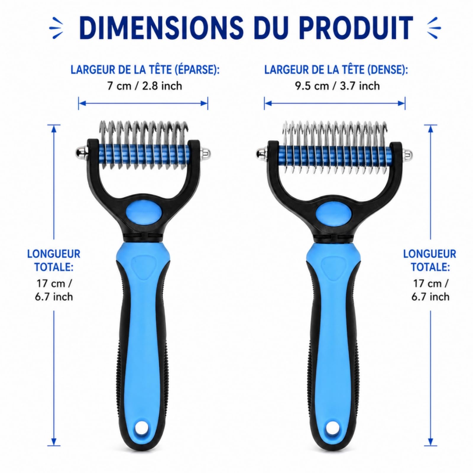 Outil de toilettage Pet Pro, brosse chien poil long, brosse de deshedding professionnelle et outil de dématage pour fourrure à poils longs et courts (Bleu)
