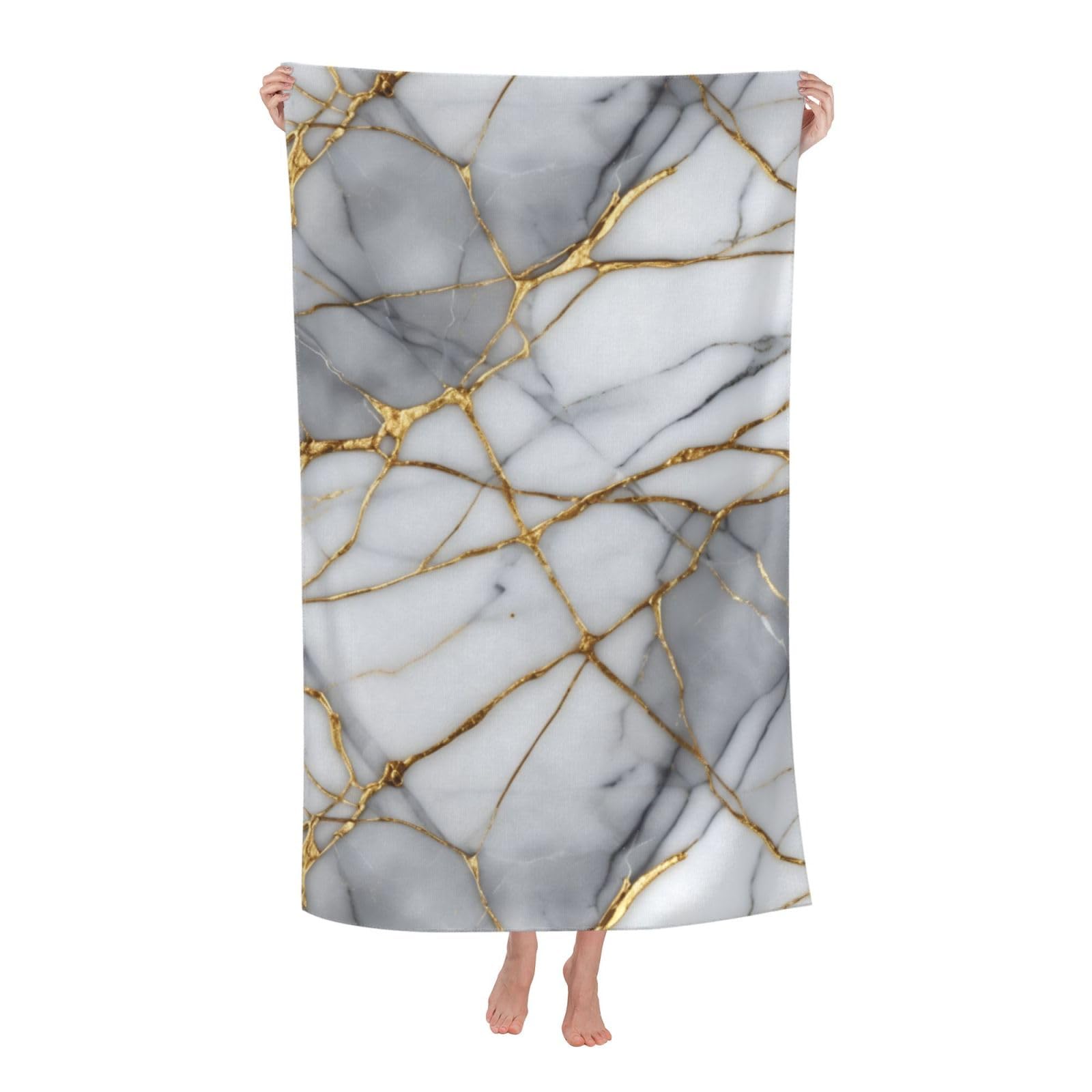 Pojknbv White Black Gold Marble Print Oversized Adult Beach Towel Quick-Dry Comfortable Lightweight Travel Pool Camping